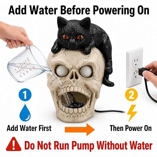 Shlinnuo Halloween Skull Statue with Mist Fogger Light 11 inch | Black cat skull decor, glowing eyes, water mist fog, resin Halloween figurine, indoor haunted house tabletop prop thumbnail 4
