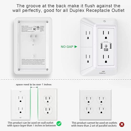 POWRUI Multi Plug 6 Outlet Surge Protector Extender with 3 USB Ports (1 USB C) and Night Light, 3-Sided Power Strip with Adapter Spaced Outlets, ETL Listed, White thumbnail 3