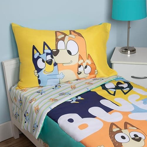 Bluey 4 Piece Toddler Bedding Set – Includes Comforter, Sheet Set – Fitted Top Sheet Reversible Pillowcase for Boys or Girls Bed, Blue thumbnail 6