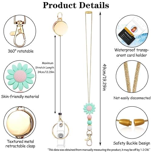 Colorful ID Badge Holder with Silicone Beads Lanyard Set,Cute Teacher Breakaway Lanyard for Keys & Keychain with Cute Retractable Badge Reel Holder,Gift for Women,Nurse, Teacher. (Daisy 1) thumbnail 4