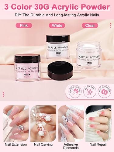 Acrylic Nail Kit with Drill and Lamp: 36 Colored Glitter Powder Set for Beginners with Everything - 3 Colors 30G Acrylic Powder 75ML Liquid Set Nail Art Tools Extension Kits For Home Salon DIY thumbnail 4