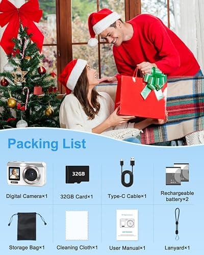 Hoorola Digital Camera, 5K Vlogging Camera for Photography, 80MP Dual Screen Point and Shoot Digital Camera with Auto Focus, 18X Zoom, Flash, 2 Batteries, 32GB Card for Teens and Adults (White) thumbnail 9