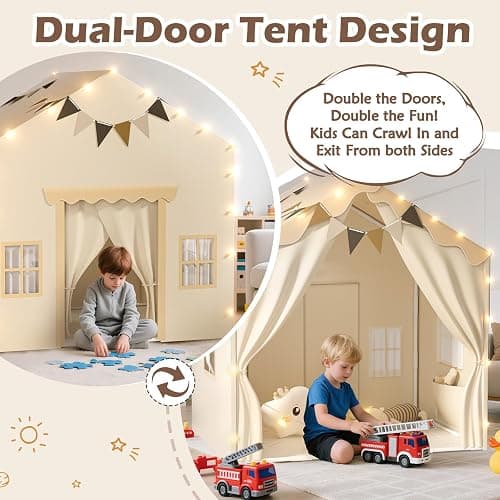 EagleStone 2-in-1 Kids Tent,Large Play Tent with Padded Mat and Lights,Kids Playhouse with 2 Doors & 4 Windows,2 Large Side Pockets,Indoor Outdoor Kid Play Tent for Toddlers,53" x40" x 51" thumbnail 3