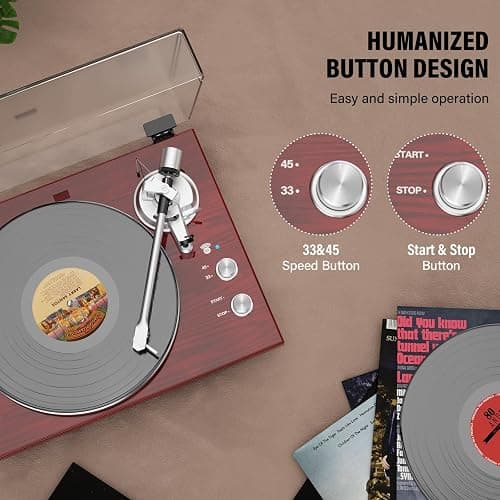 Belt Drive Turntable for Vinyl Record Player,Connect with Bluetooth Speakers or Active Speaker,Built-in Phono Pre-amp,USB Digital Output, Magnetic Cartridge,High-Gloss Wood Design(Red) thumbnail 8
