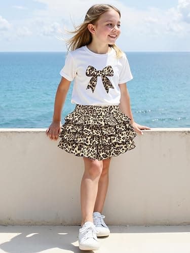 xueteox Summer Outfits for Girl 2 Piece, Bow Graphic Tees and Leopard Short Skirt Fashion Casual Clothing thumbnail 4