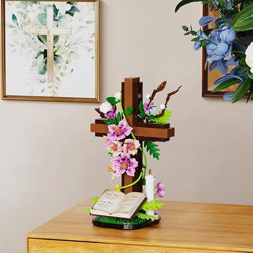 Jesus Cross Flower Building Set, Religious Cross Collectibles Compatible with Lego Jesus Catholic Building Toys,Christmas, Christian, Birthday Gifts for Mothers, Women or Adults (568 PCS) thumbnail 2