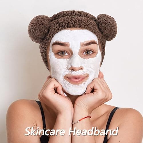 VELSCRUN Spa Headband, Makeup Face Wash Skincare Headbands, 5 Pcs Sponge Get Ready Bear Ears Hairband Facial Wristband Hair Clip Set, Stuff for Teen Girls Women Trendy Hair Accessories Dark Brown thumbnail 4