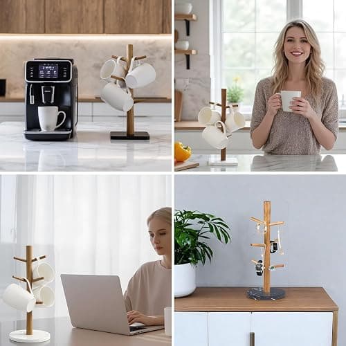 Buruis Wood Mug Holder, Marble Base Cup Rack Tree, Cup Stand Hanger, Kitchen Coffee Mug Tree Countertop Tea Cups Holder Stand, Coffee Mugs Dryer with 6 Hooks, White thumbnail 9