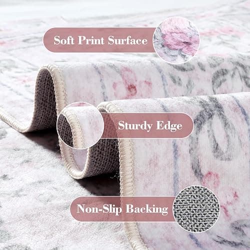 Wonnitar Floral Bow Pink Rug for Bedroom, Washable 5x7 Area Rug for Girls Nursery, Ultra-Thin Non Slip Soft Boho Carpet for Kids Room Dorm Living Room, Light Pink thumbnail 4