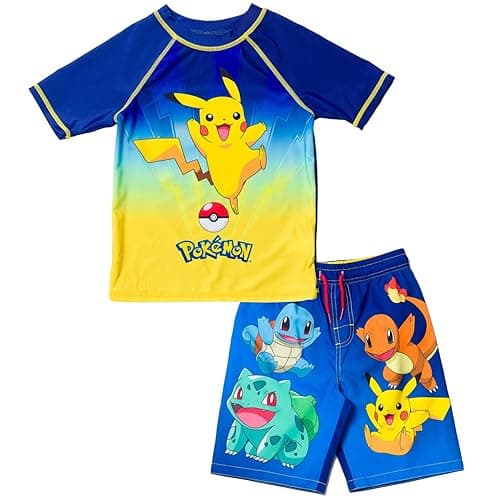 Pokemon Raglan Rash Guard and Swim Trunks UPF 50+ Outfit Set Little Kid to Adult Sizes (4 - Large) - Image 1