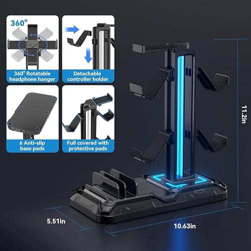 KDD Headset Stand with Charging Station - Detachable Controller Holder with 9 Light Modes - Rotatable Headphone Hanger with USB A&C Charger Ports - Earphone Hook for PC Gaming Accessories Storage thumbnail 6