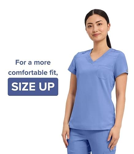 Med Couture Touch Women's Scrub Tops V-Neck Tuck-in Top with 1 Pocket | Slim Fit, Touch Performance Fabric, Stretchy Rib-Knit Shoulders, Bungee Loop, 2-Way Stretch, Lightweight, for Long Shifts thumbnail 4