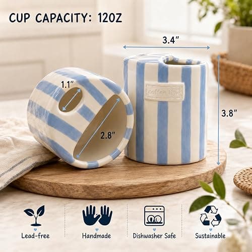 KOIMYSA Ceramic Coffee Mug with Sip Hole 12oz, To Go Ceramic Mug Striped | Hand Painted Espresso Cups Ceramic for Iced Coffee Tea Latte Matcha, Kitchen Dining Travel, Light Blue thumbnail 2