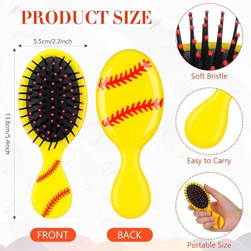 SiliFine 12 Pcs Mini Detangling Hair Brushes for Softball Team Gifts, Sports Parties - Plastic with Yellow Bristles thumbnail 2