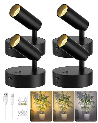 GOODEA Spotlights Indoor with Remote, 3000mAh Rechargeable Battery Plant Mini Spotlight Indoor, Wireless Uplighting with 3 Colors & Dimmable, LED Picture Light for Painting, Accent Lighting(4 Pack) - Image 1
