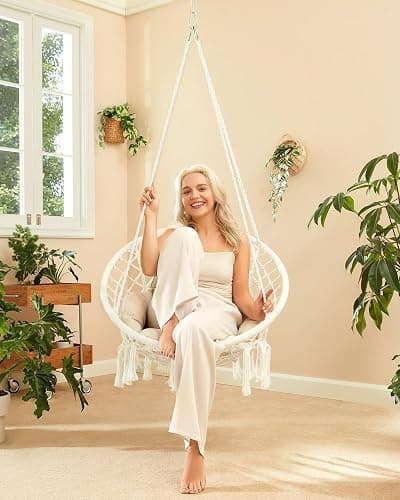 Greenstell Hammock Chair, Macrame Swing Chair with Comfy Cushion, Boho Hanging Chair for Outdoor & Indoor, Perfect for Bedroom, Patio, Balcony, Hold up to 330Lbs, White thumbnail 2