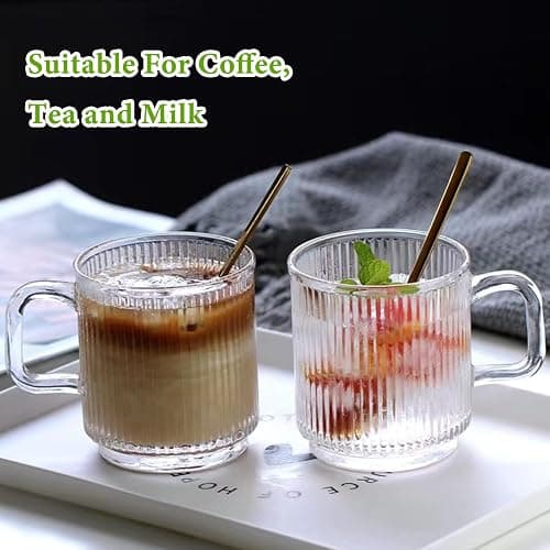 Mfacoy 2 PACK Glass Coffee Mugs with Handle & Spoon, 12 OZ Glass Coffee Cups with Bamboo Lid, Ribbed Glass Cups, Clear Tea Cup for Hot/Cold Beverages, Glassware Set for Americano, Latte, Cappuccino thumbnail 6
