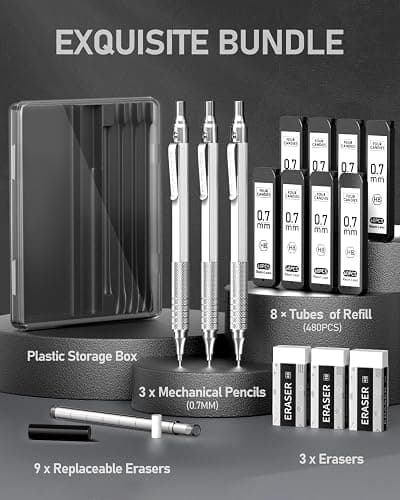 Four Candies 0.7mm Mechanical Pencil Set with Case, 3PCS Metal Artist Lead Pencil with 8 Tubes (480PCS) HB Lead Refills, 3 Erasers, 9 Eraser Refills For Engineer Art Writing Drawing Drafting, Silver thumbnail 4