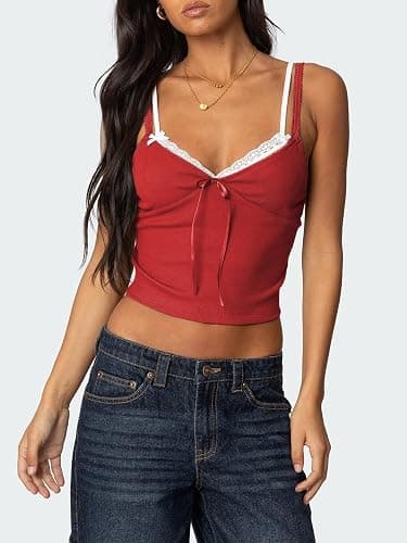 Women Lace Trim Camisole Tops Spaghetti Strap Tank Top Ribbed Knit Slim Fit Cami Shirt Bralettes thumbnail 3
