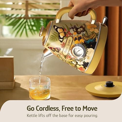 Hazel Quinn X Eduardo Recife Electric Kettle - 1200W Fast Water Boiling, 1.7L/57oz, All 304 Stainless Steel Interior, BPA-Free, Auto Shut-Off, Cordless Retro Teapot with Thermometer - Floral Patterned thumbnail 6