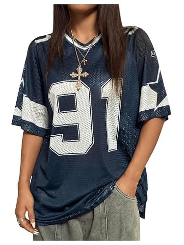 SHENHE Women's Graphic Football Jersey Top V Neck Short Sleeve Loose T Shirt Streetwear - Image 1