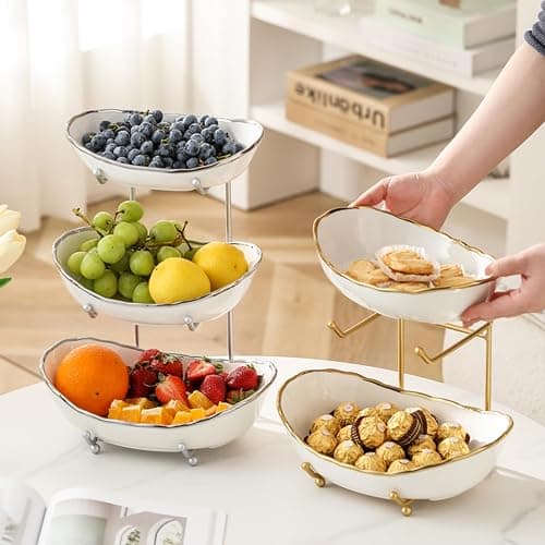 HOMKULA 2 Tier Ceramic Fruit Bowl for Kitchen Counter, Tiered Fruit Basket for Countertop, Modern Multi Layer Fruit Display Stand for Party, Cute & Smal (Gold-rimmed) thumbnail 7