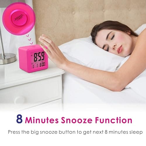 Plumeet Digital Kids Alarm Clock with Snooze and Nightlight - Easy Setting Silicone Clock Display Time, Date - Loud for Bedroom - Battery Powered (Pink) thumbnail 4