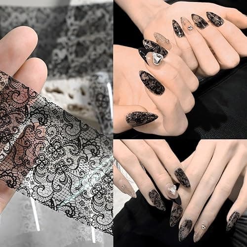 Lace Transferfolie Nägel, 10Rollen Schwarze Weiße Holographische Spitzen Nail Foils Blumen Floral Nagel Transferfolie Stickers Aufkleber für Nailart DIY Dekoration thumbnail 4