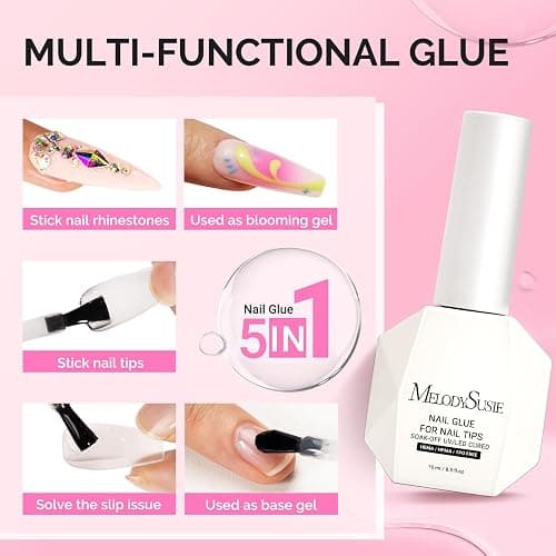 MelodySusie 3Free 5 in 1 Nail Glue Gel for False Nail Tips, NO Hema HPMA TPO, Super Sticky and Strong Adhesion, Rhinestone, Blooming Gel, Base Coat, UV Lamp Curing Needed,2 Pcs 15ml | NO Hema HPMA TPO,Sticky and Strong Adhesion,Rhinestone,Blooming Gel,Base Coat,UV Lamp Curing Needed,2 Pcs 15ml thumbnail 2