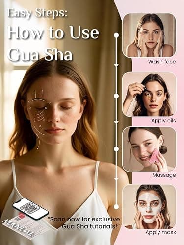 Rena Chris Gua Sha Facial Tools: Natural Rose Quartz Guasha Tool for Face Acupuncture Therapy, Facial Massager for Jawline Sculpting and Puffiness Reducing (Pink) thumbnail 5