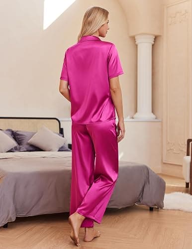 Ekouaer Silk Pajamas for Womens Set 2 Piece Satin Pjs Soft Button Down Sleepwear Wide Leg Long Pants with Pockets thumbnail 4