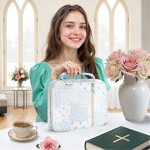 WOBAGMEN Bible Cover Case for Women,Large Bible Tote Bags Organizer Quilted Carrying Case for Girls,Bible Study Supplies Accessories Christian Gifts for Women (Blue Patchwork, M) thumbnail 5