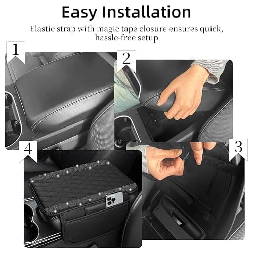 NBTEPEM Bling Car Center Console Cover, Leather Car Arm Rest Cover Cushion with 2 Storage Bags, Universal Automotive Armrest Protector Storage Box, Bling Accessories Interior for Most Vehicles (Black) thumbnail 5