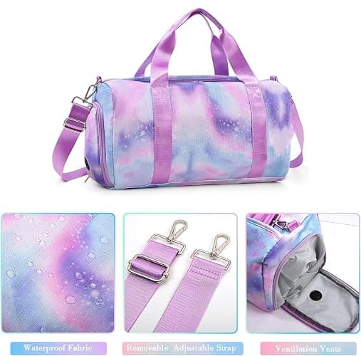 Teens Women Travel Bagwith Shoe Compartment & Wet Compartment Swimming Bag, Children's Girls Travel Bag for Gymnastics Swimming Cute Colourful Dance Bag Rainbow Pattern Sports Bag, Purple, thumbnail 4
