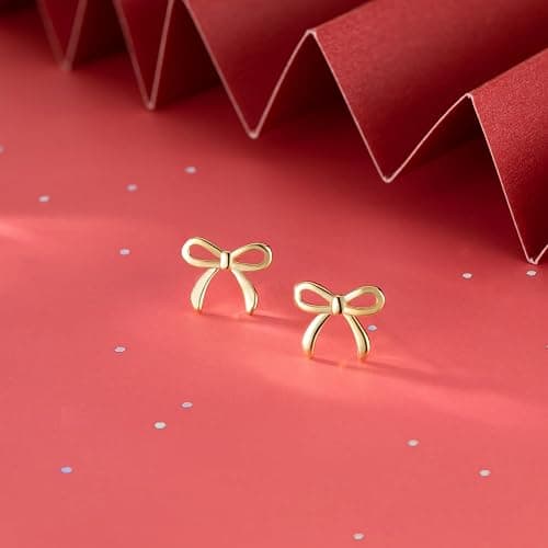 SLUYNZ Solid 925 Sterling Silver Tiny Bow Earrings Stud for Women Teens Small Bowknot post Stud Earrings - B-Gold Plated thumbnail 6
