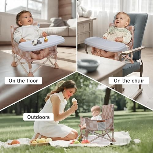 Tiny Marvels Portable 3-in-1 Baby Chair, Cozy Booster Seat, Baby Seat with Tray, Compact Foldable, Toddler Chair with Child Safety Belt Carry Bag, Perfect for Travel (Sand Checker) thumbnail 6