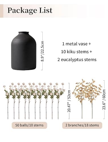BLOSMON Dining Table Centerpiece Decor: Metal Vase with 12 Stems of Fake Mums Kiku Flower Eucalyptuses for Home - Beige Artificial Pom Poms Faux Floral Arrangements in Vase for Living Room thumbnail 4