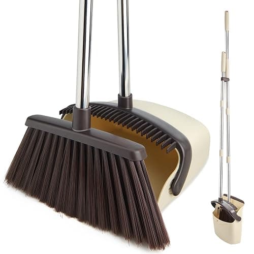 XXFLOWER Broom and Dustpan Set with Long Handle, Heavy Dust Broom and Dustpan Combo for Home,Kitchen, Office, Pet Hair(Beige) - Image 1