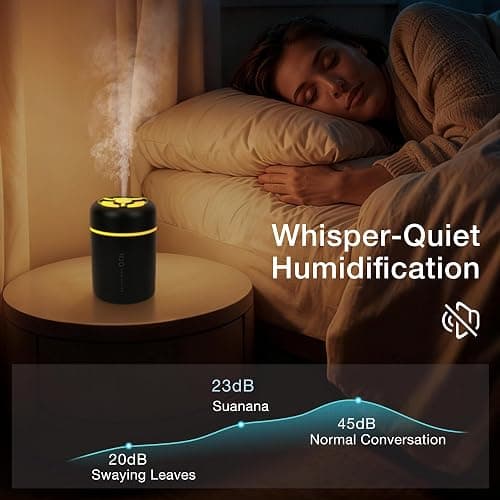 Portable Mini Humidifier, 300ml USB Cool Mist Small Humidifier with Colorful Lights. Perfect for Bedroom, Office, Plants, travel & Car (Black) thumbnail 6