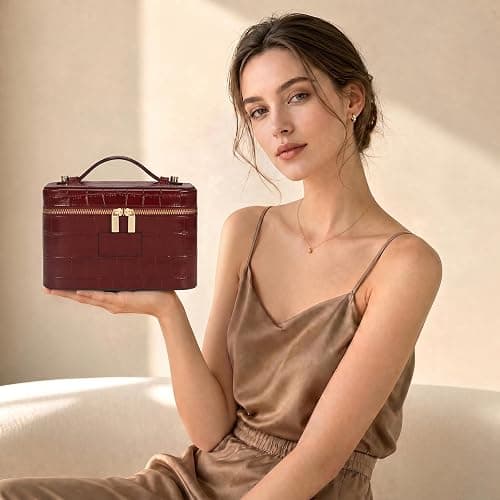 HiTotes Makeup Bag Vanity Case for Women Leather Vanity Bag Travel Toiletry Bags Makeup Organizer with Removable Divider for Daily Use thumbnail 3