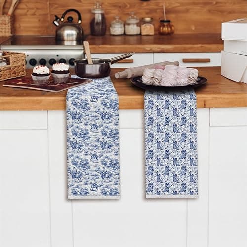 Elefeltclave Chinoiserie Western Cowboy Cowgirl Kitchen Towels, Blue and White Floral Dish Tea Towels for Kitchen, Grandmillennial Vintage Toile Decorative Hand Towel for Bathroom, 16x24 Inch Set of 2 thumbnail 2