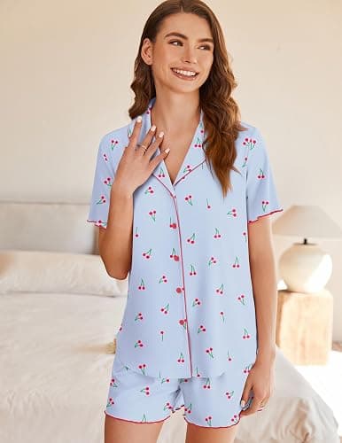 Ekouaer Button Up Pajamas Set for Women Short Sleeve Ribbed Knit Sleepwear 2 Piece Pjs Shorts Set thumbnail 5