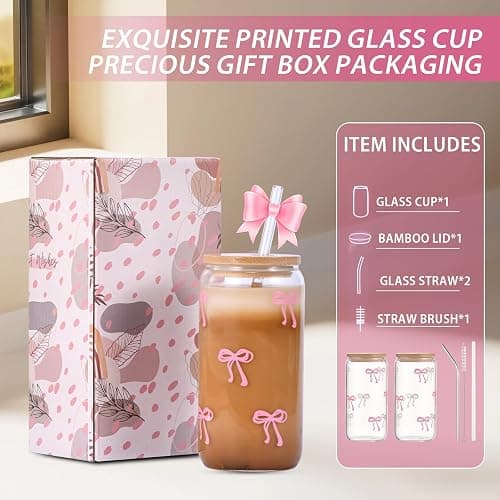 GLECTG Cute Pink Bow Glass Cups with Lids & Straws, Aesthetic Iced Coffee Cup, Girly Preppy Design Tumbler Mug, Birthday Valentine Gifts for Women, Teen Girl Gifts Trendy Stuff thumbnail 6