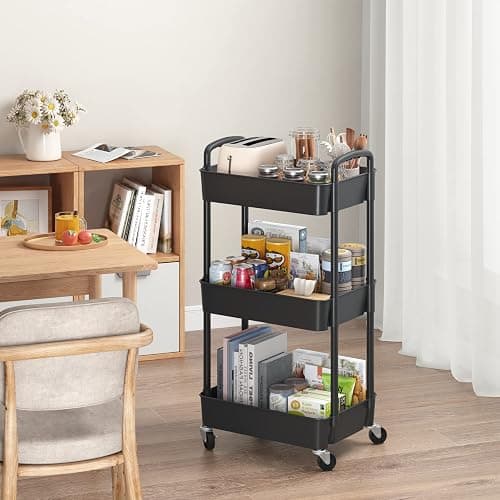 Sywhitta 3-Tier Plastic Rolling Utility Cart with Handle, Multi-Functional Storage Trolley for Office, Living Room, Kitchen, Movable Storage Organizer with Wheels, Black thumbnail 4