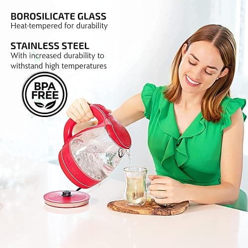 OVENTE Electric Kettle, 1.5L Borosilicate Glass Countertop Water Heater and Boiler for Coffee or Tea, BPA-Free, Auto Shut-Off, Boil-Dry Protection, Removable and Washable Spout Filter, Red KG83R thumbnail 4