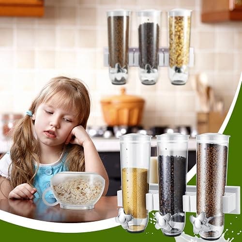 Umigy 1 Pcs Candy Dispenser Wall Mounted, Triple Dry Cereal Grain Dispenser Machine Wall Mount, Food Storage Container for Pantry Snack with 3 Cup for Kitchen, 39 oz (White) - White - 1 thumbnail 2