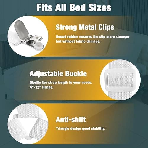 WHISPERING WONDER 4 Pack Adjustable Elastic Straps with Metal Clips, Bed Sheet Fasteners, Bedding Suspenders for Mattress Covers, Bed Corner Holders and Keepers (White) thumbnail 4
