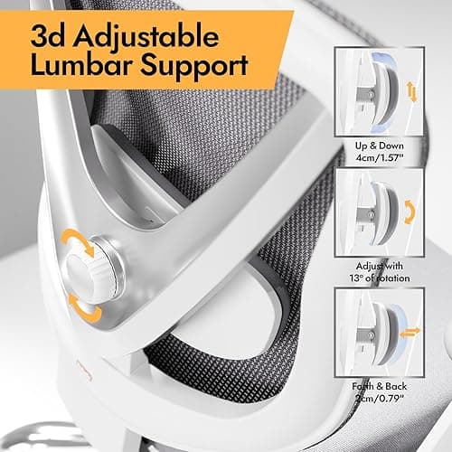 HOLLUDLE Silla de Oficina ergonómica con Soporte Lumbar 3D y reposabrazos 3D Ajustables – Diseño en Forma de V, Silla de Escritorio cómoda para Oficina y hogar, Blanca thumbnail 4
