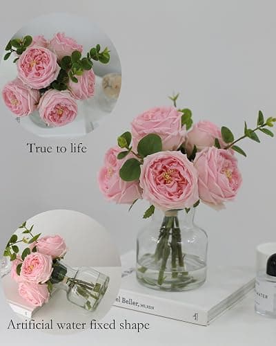 CHASMILE Artificial Flowers with Pink Roses in Vase, Lifelike Fake Flowers in Vase, Faux Flower Arrangements for Dining Table Centerpiece Decor, Table Centerpieces for Dining Room thumbnail 5