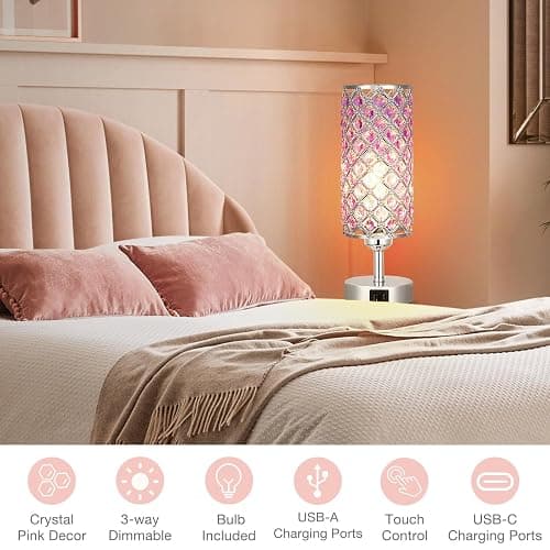 Hong-in Purple Lamp for Girls Room-Crystal Touch Lamp with USB-C+A Ports,3 Way Dimmable Bedside Light with Crystal Shade for Bedroom Home Office thumbnail 7
